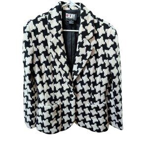 DKNY Womens Black & White Houndstooth Blazer Jacket Size 10 100% Wool Fully Line